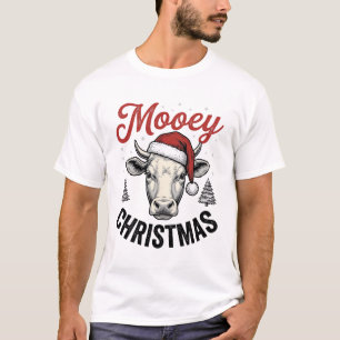 Camiseta Natal Mooey Vaca Chapéu do Papai Noel Gravura Vint