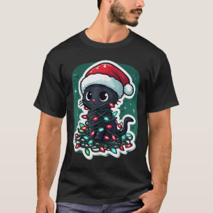 Camiseta Natal Negro Papai Noel Engraçado Feliz Gatos Feliz