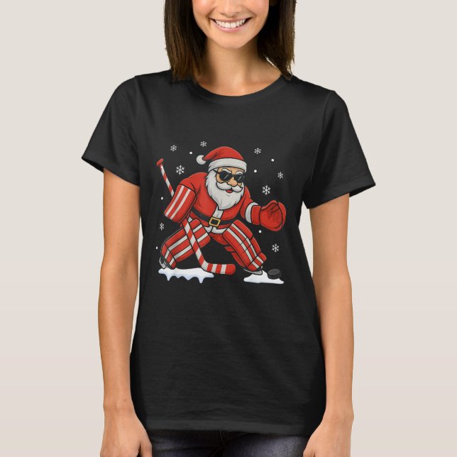 Camiseta Natal no gelo com Papai Noel de goleiro de hóquei  (Frente)