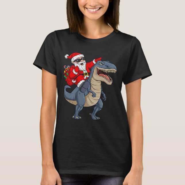 Camiseta Natal Papai Noel Andando Dinossauro T Rex Boys K (Frente)
