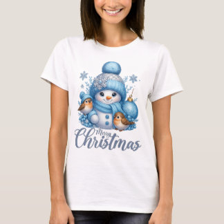 Camiseta Natal Papai Noel Bonito e Pássaros de Inverno