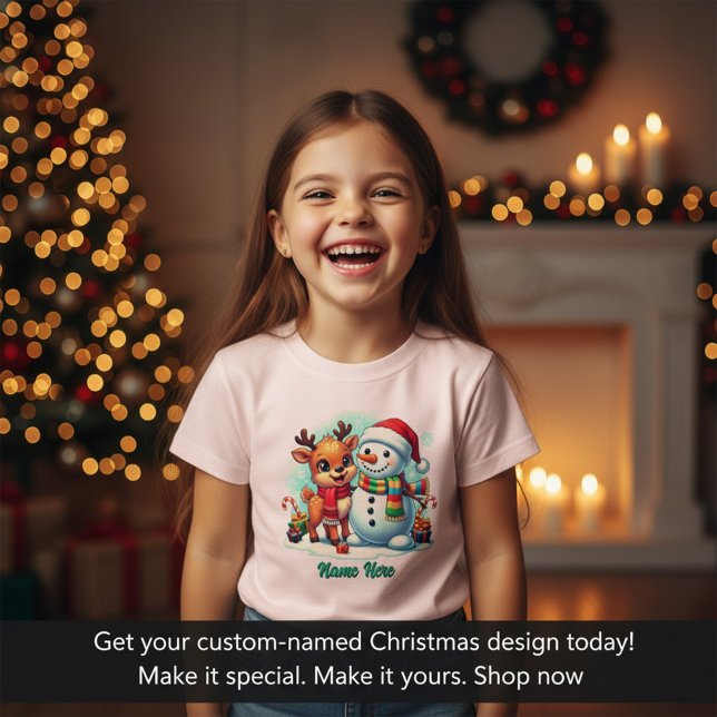 Camiseta Natal Personalizado  (Cute Reindeer and Snowman Kids T-Shirt | Personalized Christmas Tee)