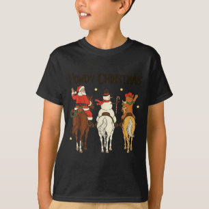 Camiseta Natal Retro Howdy Papai Noel Boneco de Neve Biscoi