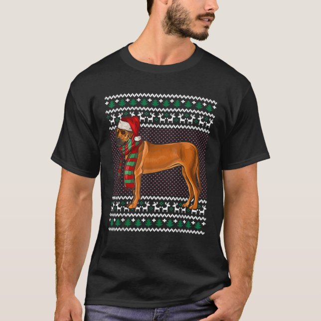 Camiseta Natal Rhodesian Ridgeback Cachorro Chapéu de Papai (Frente)