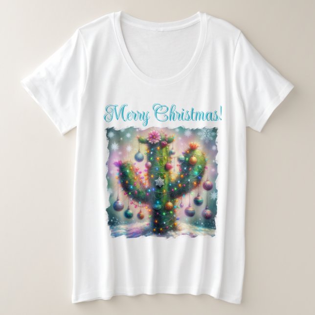 Camiseta Natal Saguaro Cactus Whimsical Snowflakes Teal (Frente do Design)