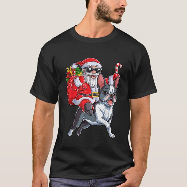 Camiseta Natal Santa Claus Andando Boston Terrier Xmas B (Frente)