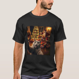 Camiseta Natal Selfie de Gato Engraçado com Papai Noel Feri