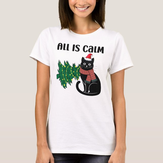 Camiseta Natal Tranquilo Gato Preto Engraçado (Frente)