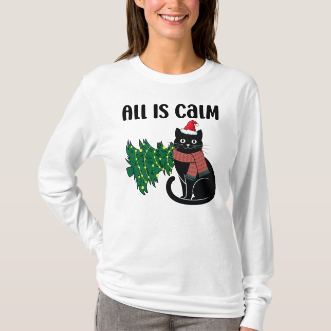 Camiseta Natal Tranquilo Gato Preto Engraçado (Frente)