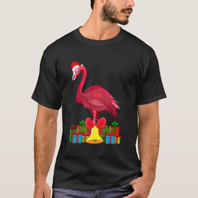 Camiseta Natal Tropical Rosa Flamingo, com Decoração (Frente)