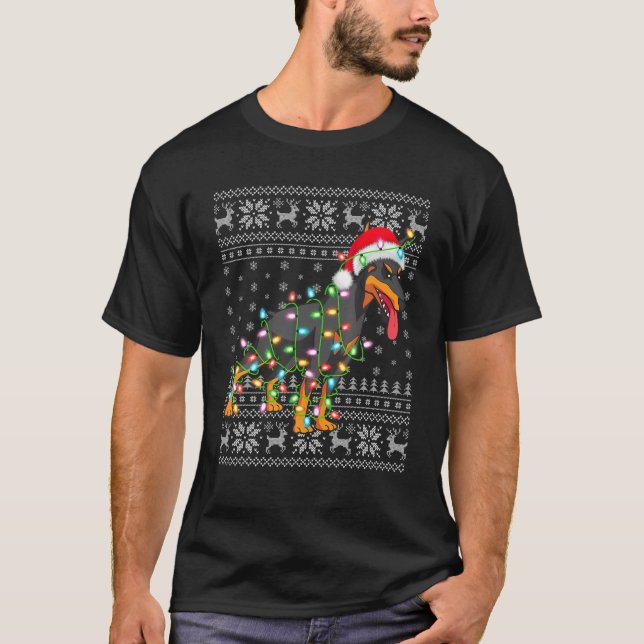 Camiseta Natal Ugly Doberman do Santa Hat (Frente)