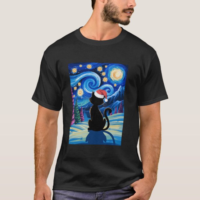 Camiseta Natal Van Gogh Cat Starnight Black Night Sant (Frente)