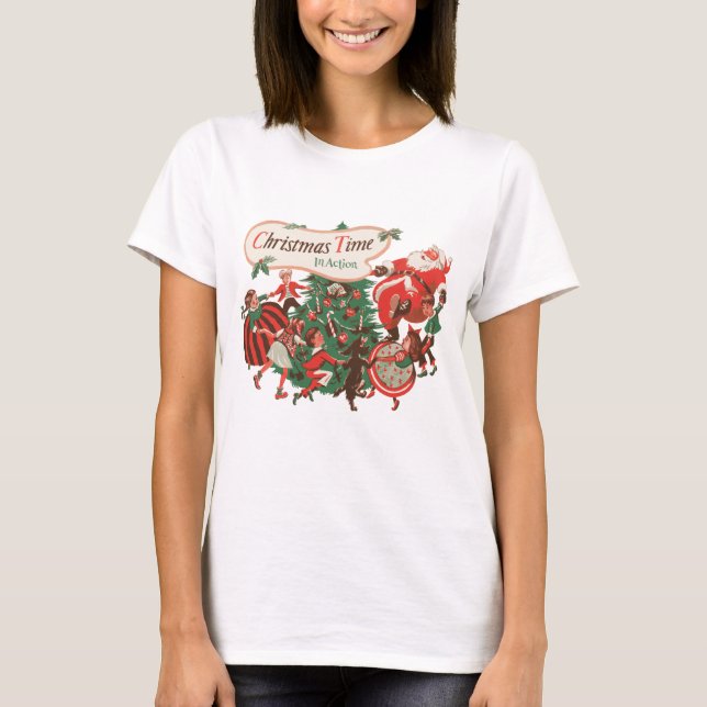 Camiseta Natal vintage com Papai Noel e crianças dançando (Frente)