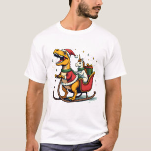 Camiseta Natal Vintage Dinossauro Unicórnio Trenó Divertido