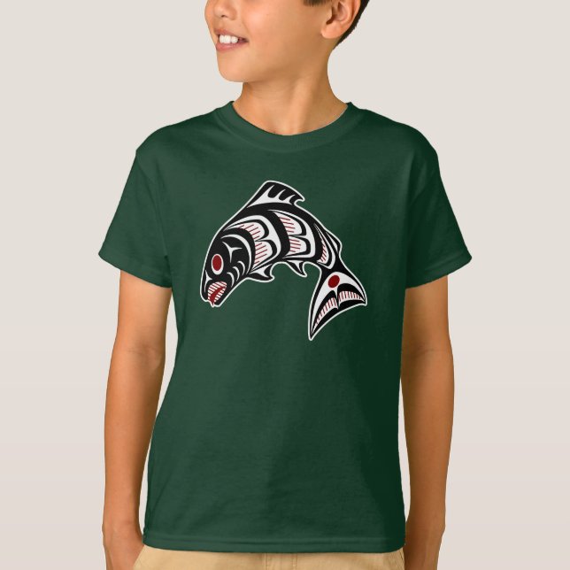 Camiseta Native American Red Black White Haida Art Salmon (Frente)