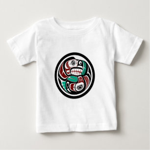 Camiseta Nativo Americano Vermelho Negro Haida Art Salmão