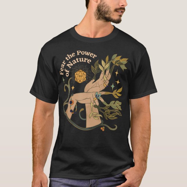 Camiseta Nature Druid Dnd Dice Mãos Botânicas E Estrelas Fe (Frente)