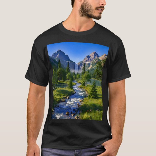 Camiseta Nature Mountains Waterfall River Trees Flowers (Frente)