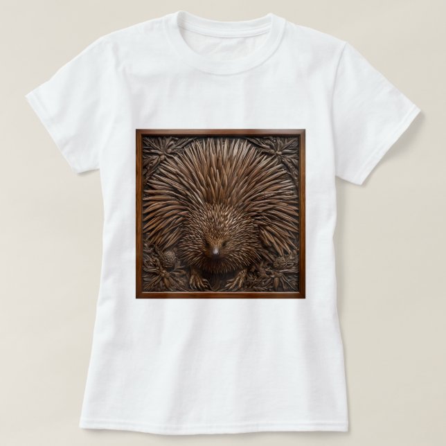 Camiseta Nature's Quill: A Echidna Australiana em Madeira, (Frente do Design)