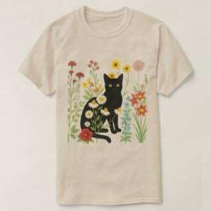 Camiseta Natureza Botânica – Gato Preto no Jardim de Flores