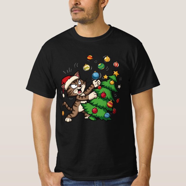 Camiseta Naughty Christmas Cat – Funny Cat Knocking On Tree (Frente)