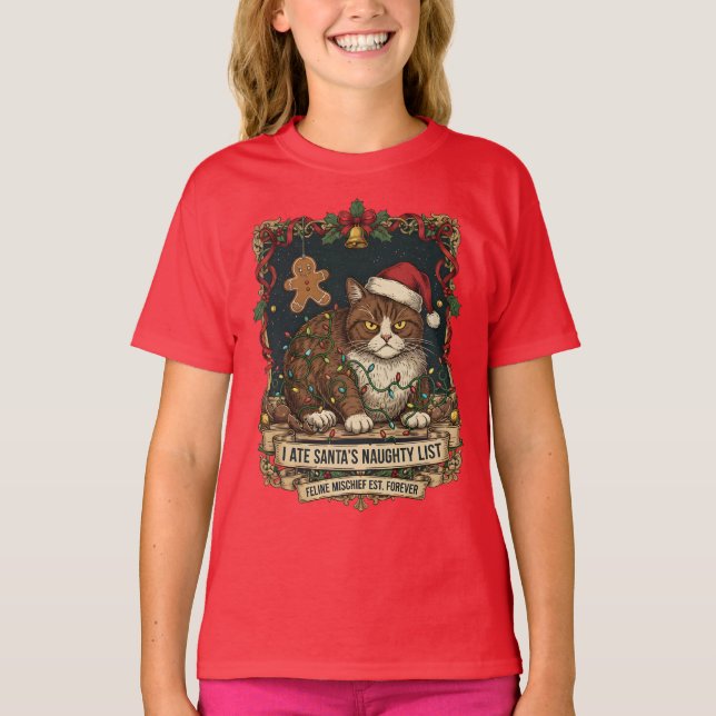 Camiseta "Naughty List" Cat Christmas Humor. (Frente)