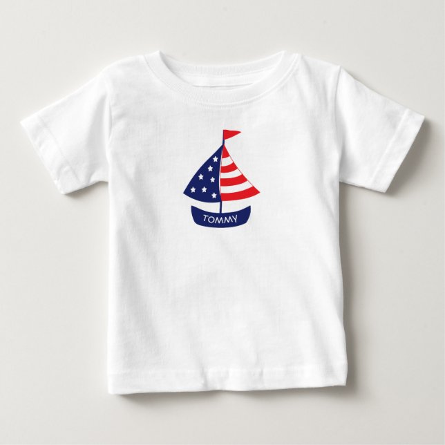 Camiseta Nautical Vermelho Azul Barco à Vela Nome Personali (Frente)