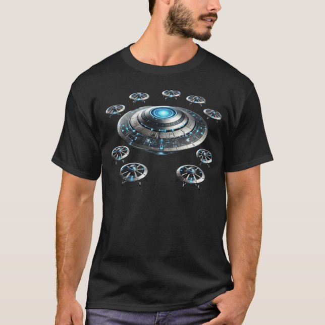 Camiseta Nave-mãe Alien e Frota de Drones Ficção Científica (Frente)