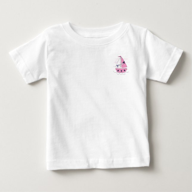 Camiseta Navegar Navio Menina Olho de Boi Rosa Branco Bolin (Frente)