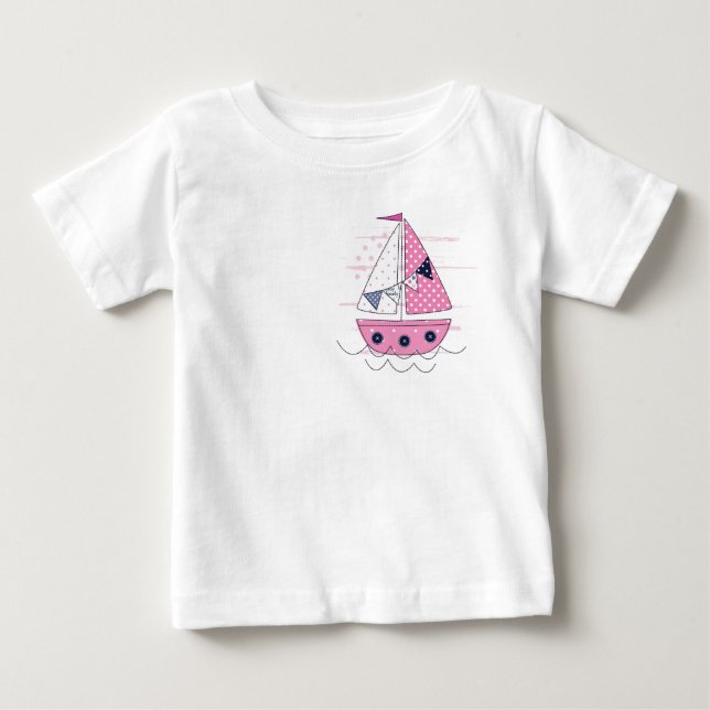 Camiseta Navio à Vela Porthole de Menina Rosa Branco Bolinh (Frente)