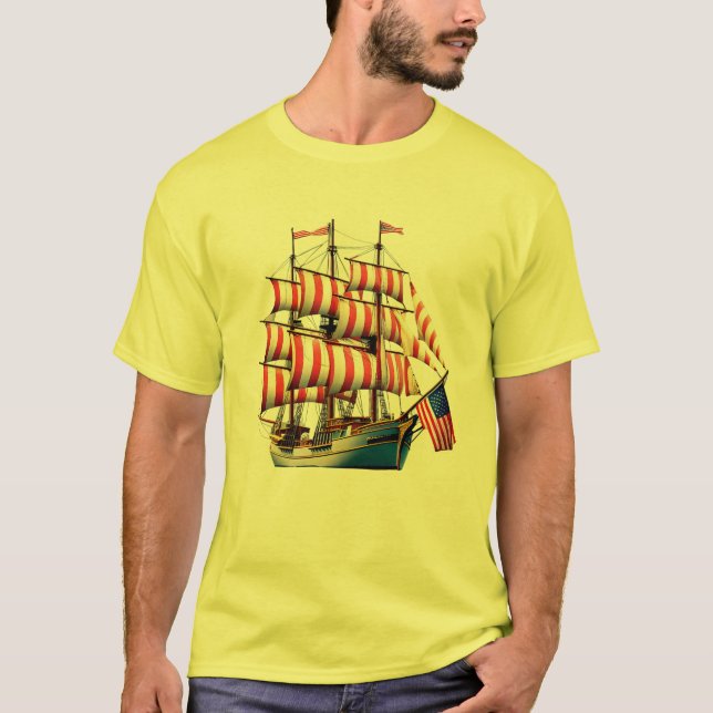 Camiseta Navio de vela Patriótico com velas de bandeira Ame (Frente)