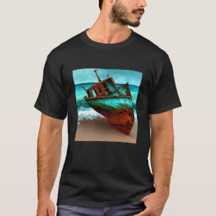 Camiseta Navio Desertado em uma praia Sandy