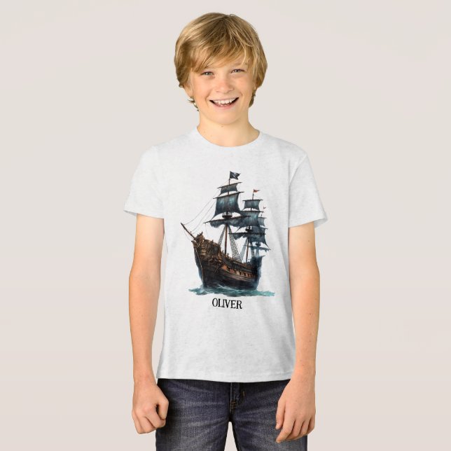 Camiseta Navio Pirata de Cores Aquáticas (Frente Completa)