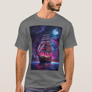 Camiseta Navio Pirata do Mar Azul Escuro vintage
