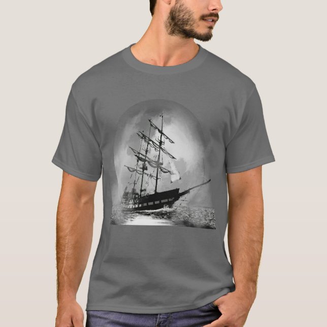 Camiseta Navio pirata velejando para fora da Lua-de-porco (Frente)