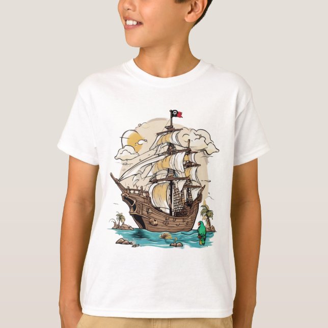 Camiseta Navio Pirata Whimsical com Patron Tshirt. (Frente)