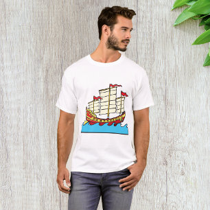 Camiseta Navio Tradicional Vermelho da China em Ondas Azuis