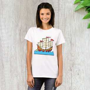 Camiseta Navio Tradicional Vermelho da China em Ondas Azuis