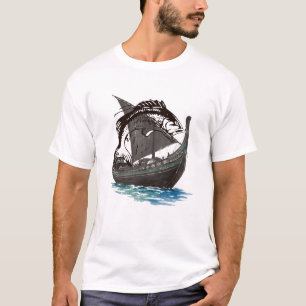 Camiseta Navio Viking Antigo & Silhueta de Salmão Nord