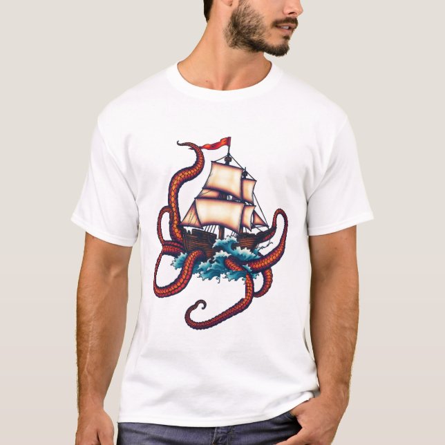 Camiseta Navio vs Kraken Tattoo Art (Frente)