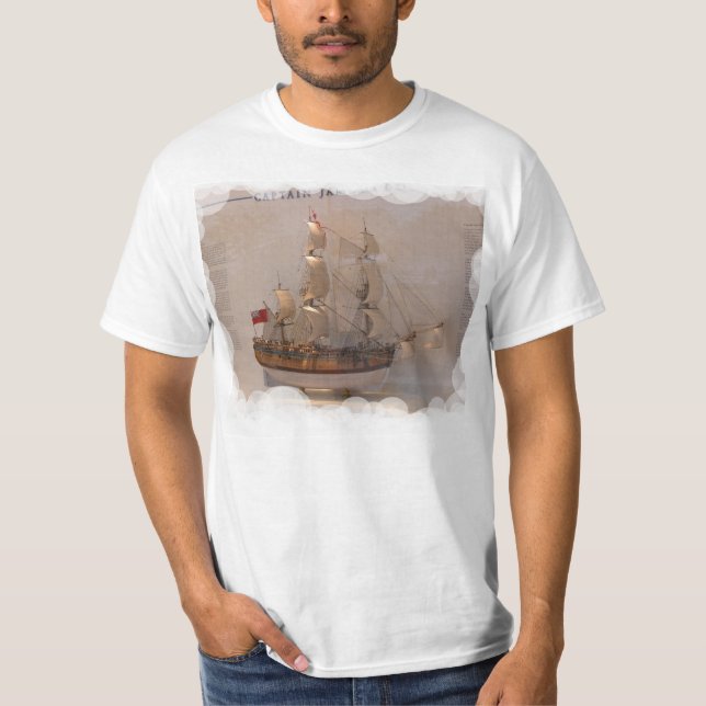 Camiseta Navios dos exploradores, capitão James Cook (Frente)