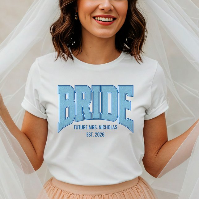 Camiseta Navy + Blue Faux Glitter BRIDE Engagement Bridal (Criador carregado)