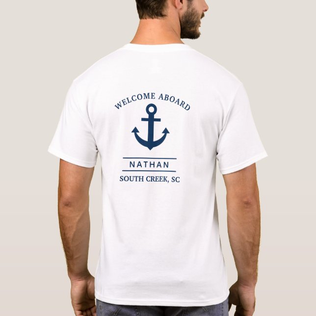 Camiseta Navy Blue Welcome Aboard Custom Monogram Name (Verso)