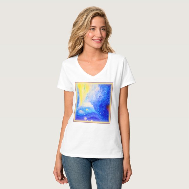 Camiseta Nebula é azul, amarelo e branco leitoso. Comprar A (Frente Completa)