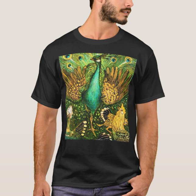 Camiseta Neerlandês Art Nouveau Peacock e Galinhas (Frente)