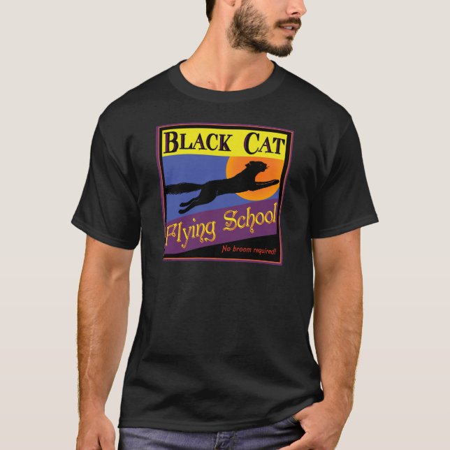 Camiseta Negra de Halloween Vintage, Escola Voador (Frente)