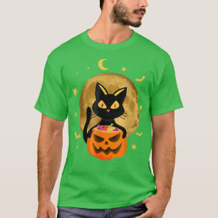 Camiseta Negra Gato de Halloween Costume Assustador Pumpkin