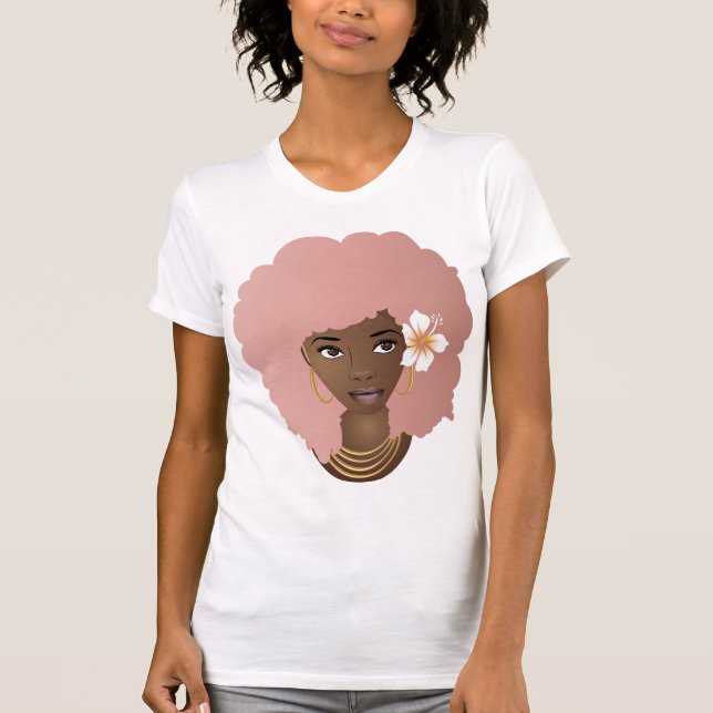 Camiseta Negra, rosa afro, flor em seu cabelo natural (Frente)