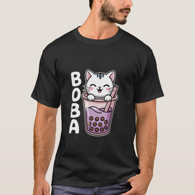 Camiseta Neko Branco Chá de Bolhas de Chá de Bolhas de Gato (Frente)