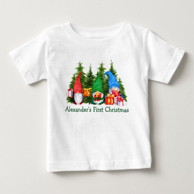 Camiseta Nenê Primeiro Natal Árvores dos Gnomos (Frente)